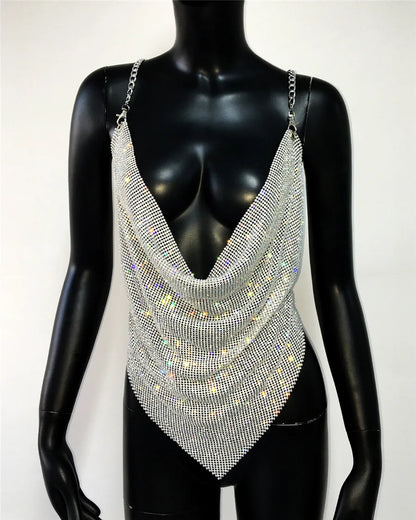 Shiny Rhinestone V Neck Tank Top 2025 Sexy Backless Metal Chain Spaghetti Straps Sling Camisole Women Nightclub Party Crop Top