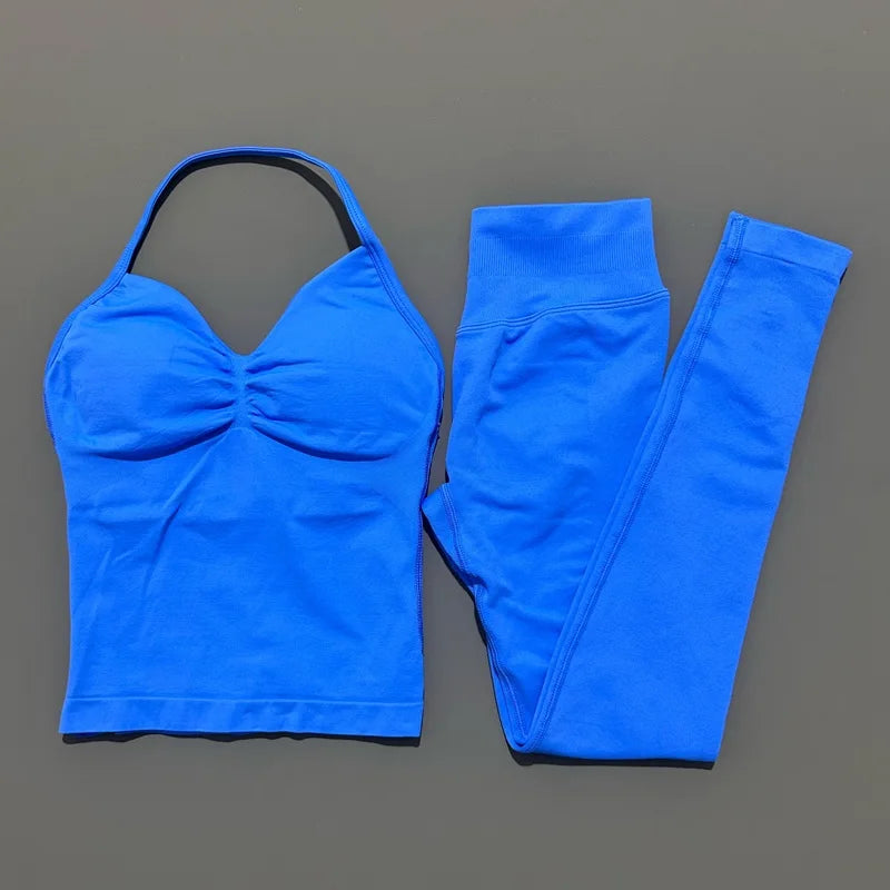 2Piece Sports Gym Set Women Longline Strappy Top Fitness Clothes Seamless Yoga Set Running Workout Sports Leggings Sets