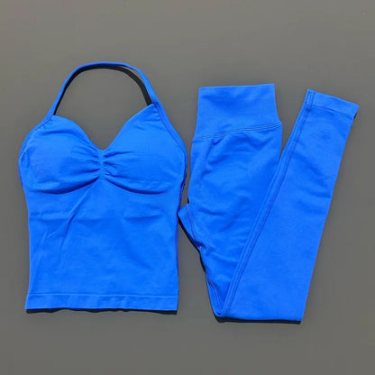 2Piece Sports Gym Set Women Longline Strappy Top Fitness Clothes Seamless Yoga Set Running Workout Sports Leggings Sets