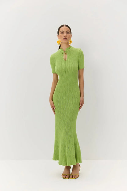 Long Dress Female Short Sleeve Slim Hollow Retro Elegant Sweater Dress 2025 Summer High Waist Woman Dress