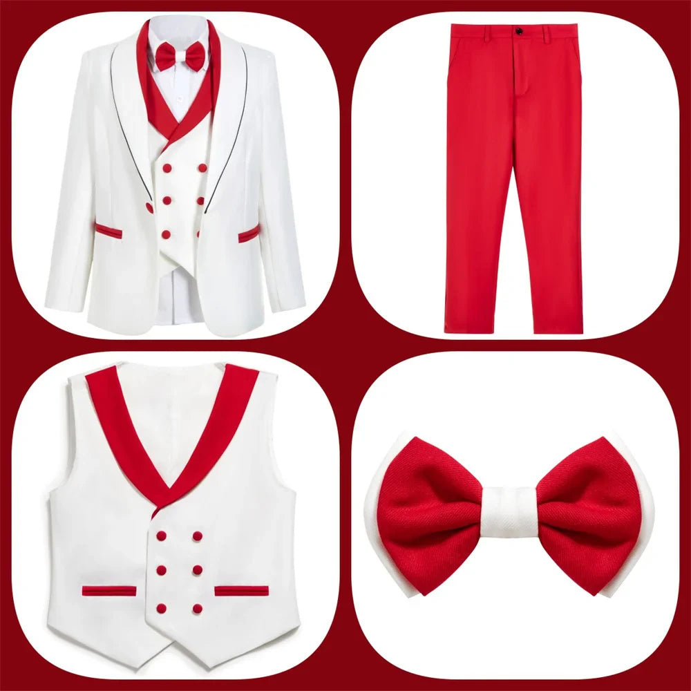 Stylish Occasion Wear Kids White Red Contrast Formal Multi Piece Suit Set Eye Catching Design Perfect For Festival Performance