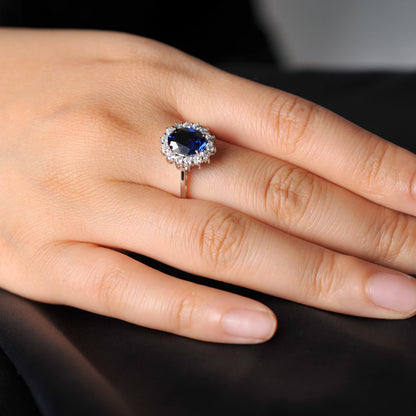 Halo Rings for Women Created Blue Sapphire Nano Emerald Red Ruby Princess Diana 2.67ct Oval Cut 925 Sterling Silver Rings