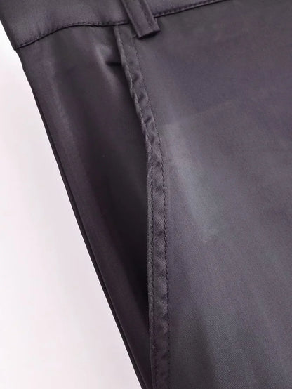 Women Fashion with Pockets Versatile High-waist Slim Multi-pocket Silk Satin Texture Straight Overalls