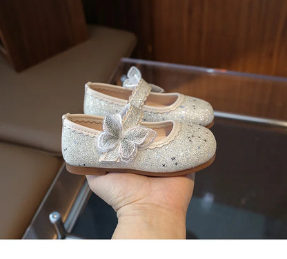 New Girls Princess Shoes Fashion Children's Bow Rhinestone Sequin Kids Shoes Baby Party Student Flat Performance Shoes