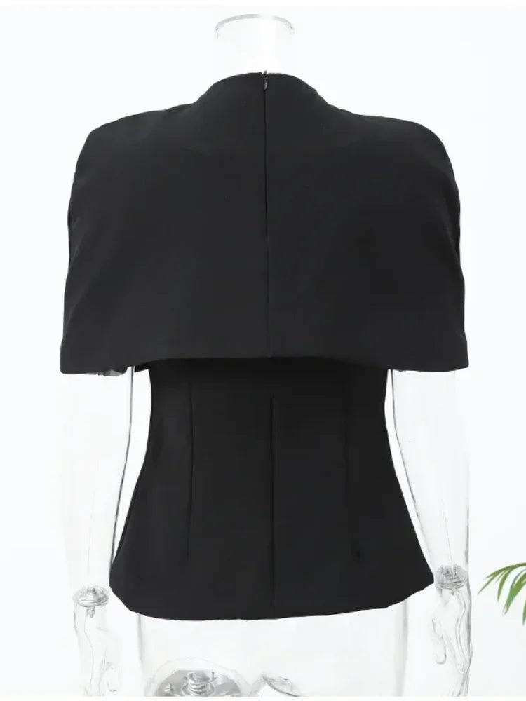 Elegant Black Turtleneck Cloak Tops Women Solid Short Sleeve Waist Cinching A-line Short Top 2026 Lady Spring Street Outwear