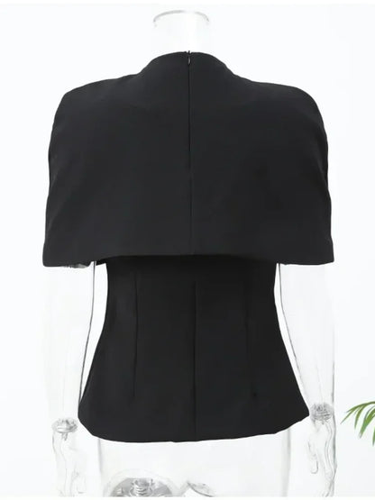 Elegant Black Turtleneck Cloak Tops Women Solid Short Sleeve Waist Cinching A-line Short Top 2026 Lady Spring Street Outwear