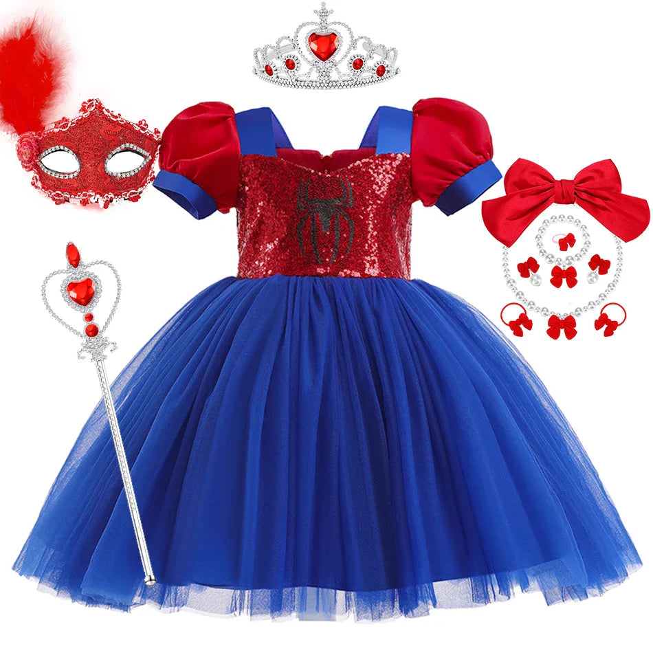 Little Girls Spider Print Dress Kids Sequins Tulle Frocks Children Halloween Theme Party Costume Summer Birthday Surprise Gift