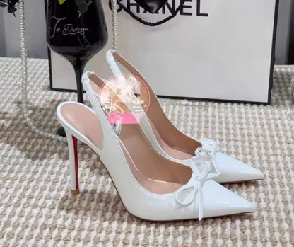 New black nude wine red patent leather pointed small bow back empty style plus size socialite high-heeled sandals