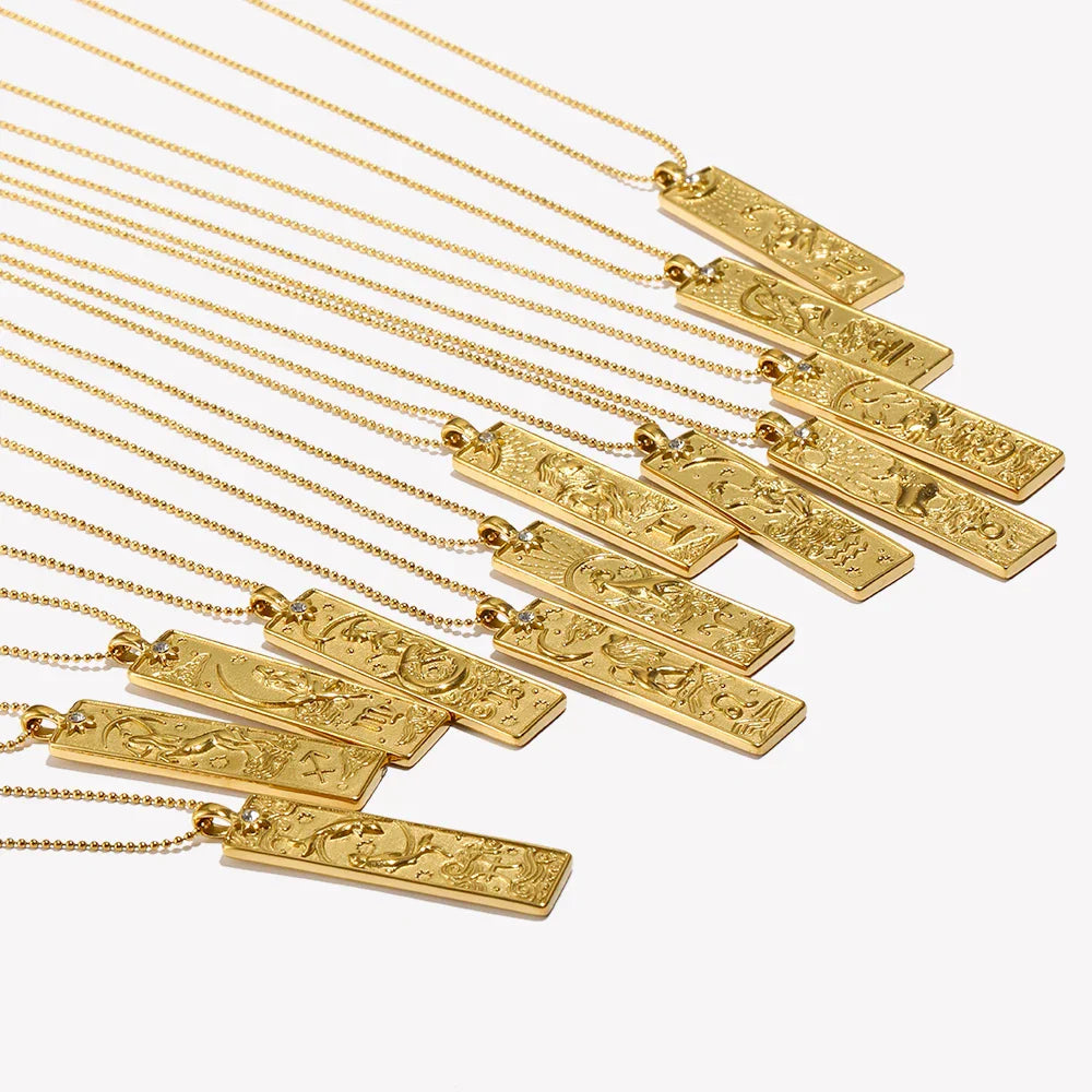 18k Gold Plated Rectangle Shape 12 Constellation Pendant Necklace Stainless Steel Waterproof Fashion Women's Jewelry