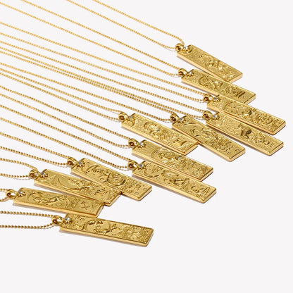 18k Gold Plated Rectangle Shape 12 Constellation Pendant Necklace Stainless Steel Waterproof Fashion Women's Jewelry