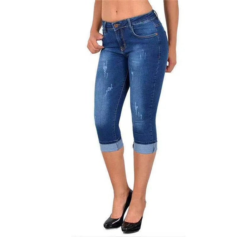 Women Simple Style Slim Pencil Jeans Scratches Decoration Seven-quarter Length Pants Daily Casual Commuter Female Denim Trousers