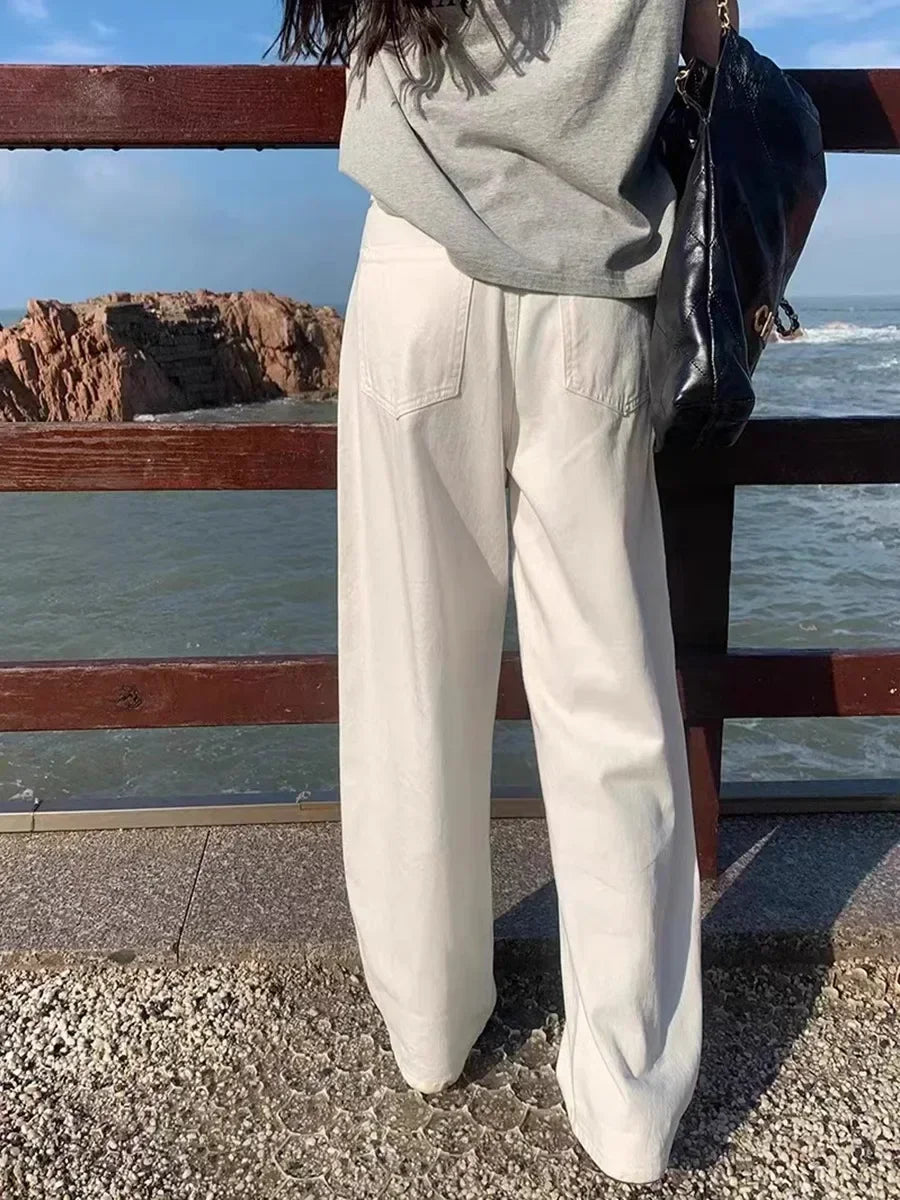 ZOENOVA 2024 New Straight Jeans Women White Plus size High Waist Loose Wide Leg Pants Spring Baggy Korean Fashion Pants