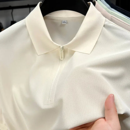 Men's Half-Zip Polo Shirt Light Beige Breathable Casual Slim Fit Stretch Cotton Classic Collar Business Casual Tops