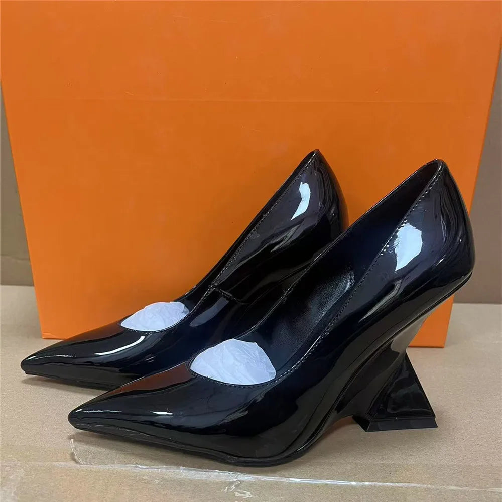 Runway Women Heels Pumps 2026 Designer Shoes Patent leather Pointed Toe Slingback Shallow Luxury Brand Strange Heel Woman Shoes