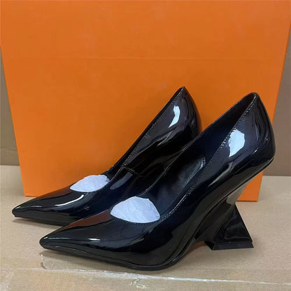 Runway Women Heels Pumps 2026 Designer Shoes Patent leather Pointed Toe Slingback Shallow Luxury Brand Strange Heel Woman Shoes