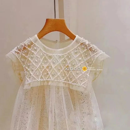 2024 Novo Vestido de Princesa para Meninas, Casual, Primavera, Verão, Roupas Infantis, Vestidos Infantis de Pérolas no Pescoço, Vestido de Fio da Moda