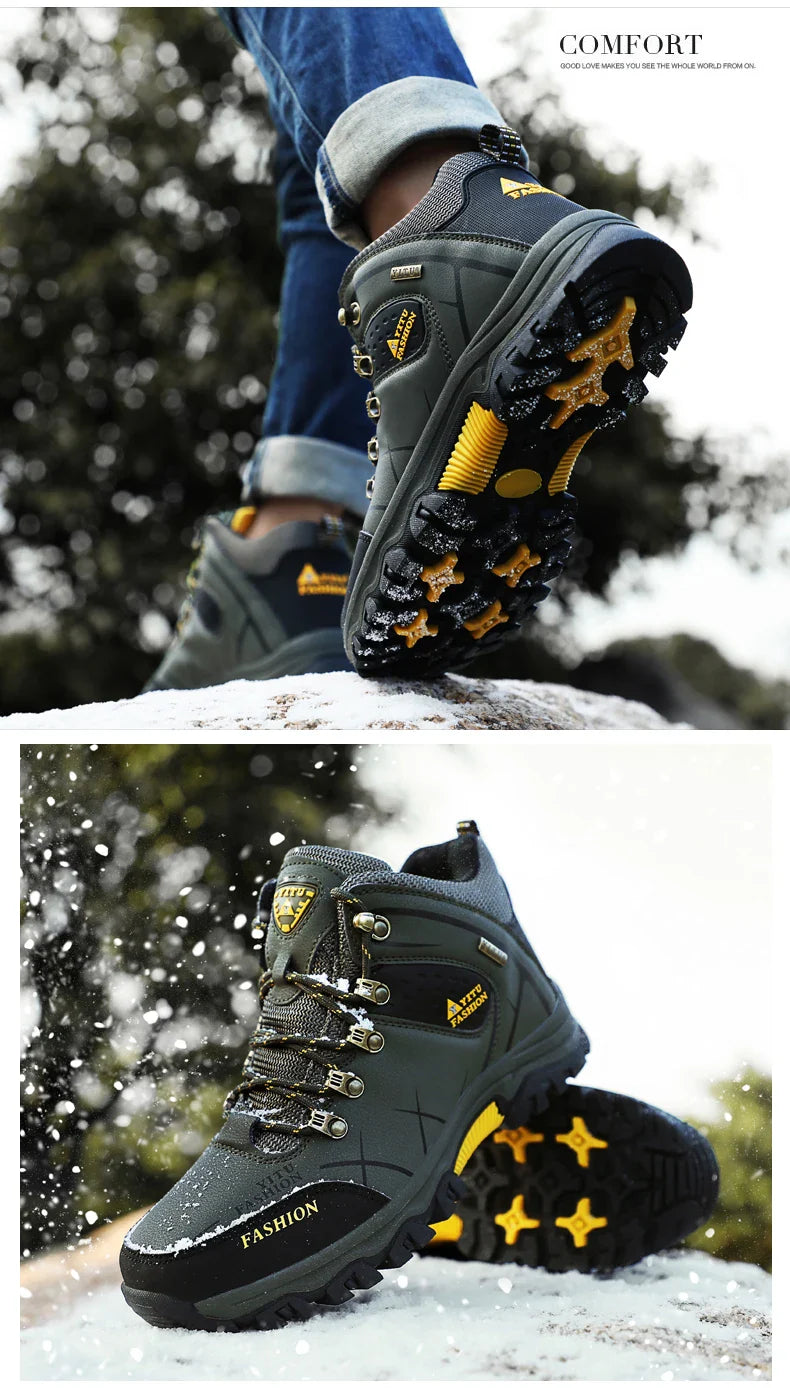 Winter Warm Cotton Shoes Men Outdoor Leather Black Casual Shoes Fur Sneakers High Top Rubber Ankle Boots Male Hiking Trekking 46