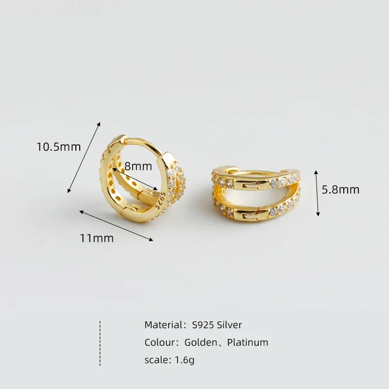 925 Sterling Silver Fashion Luxury Shiny Double Layer Zircon Huggies Hoop Earrings for Women Plated 18k Gold Fine Jewelry