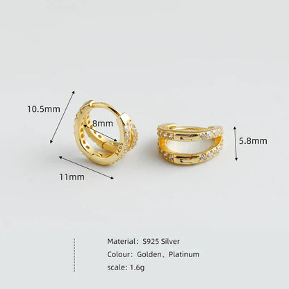 925 Sterling Silver Fashion Luxury Shiny Double Layer Zircon Huggies Hoop Earrings for Women Plated 18k Gold Fine Jewelry