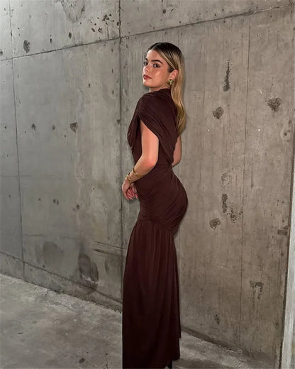 Irregular Draped Ruched Sexy Mini Dress For Women Elegant Turtleneck Sleeveless High Waist Pleated Club Party Dress