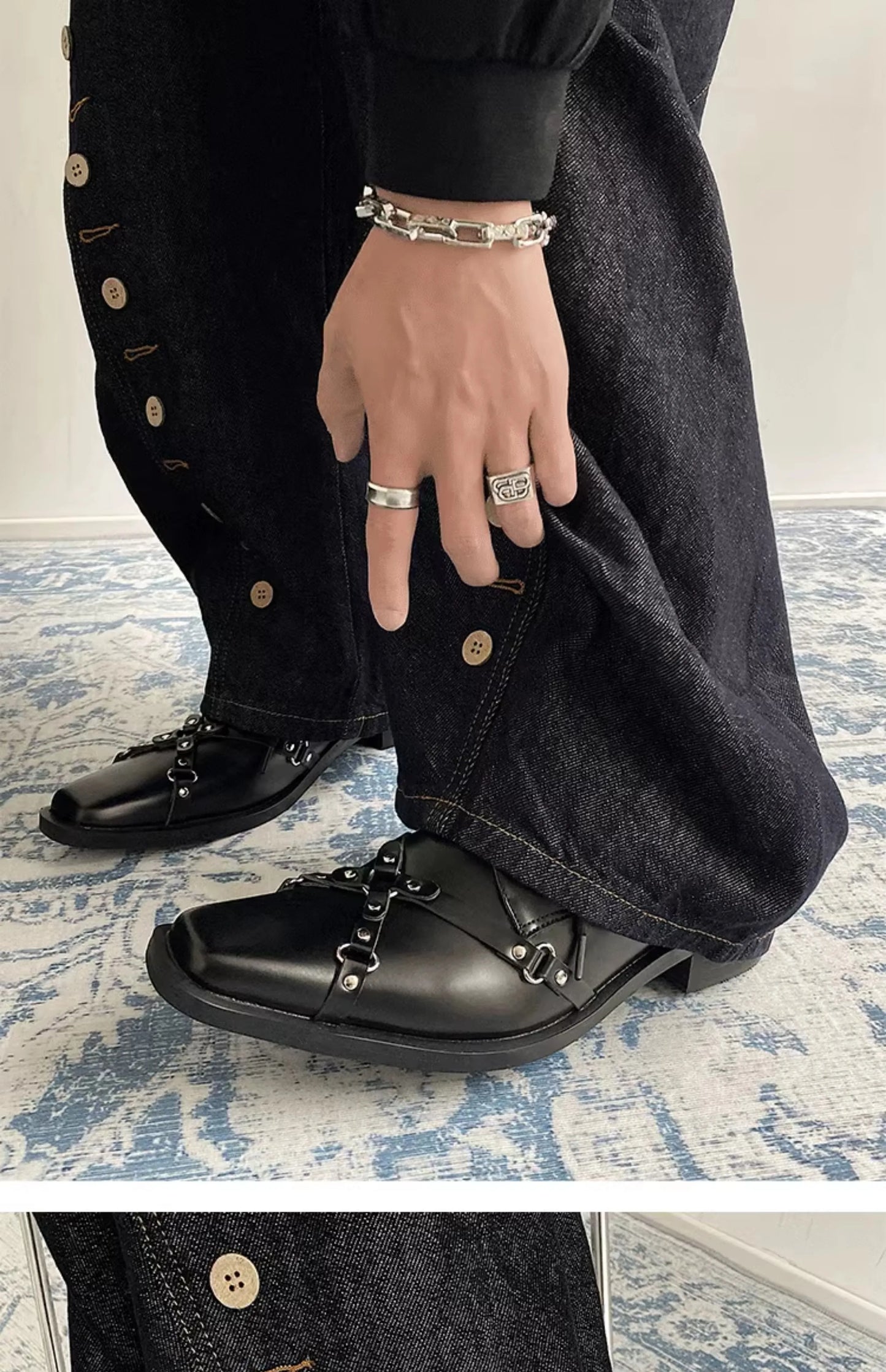 Men's formal leather shoes pointed niche design dark style Oxford shoes strap metal decoration business casual derby shoes