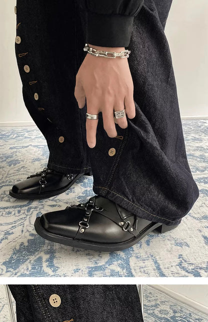 Men's formal leather shoes pointed niche design dark style Oxford shoes strap metal decoration business casual derby shoes