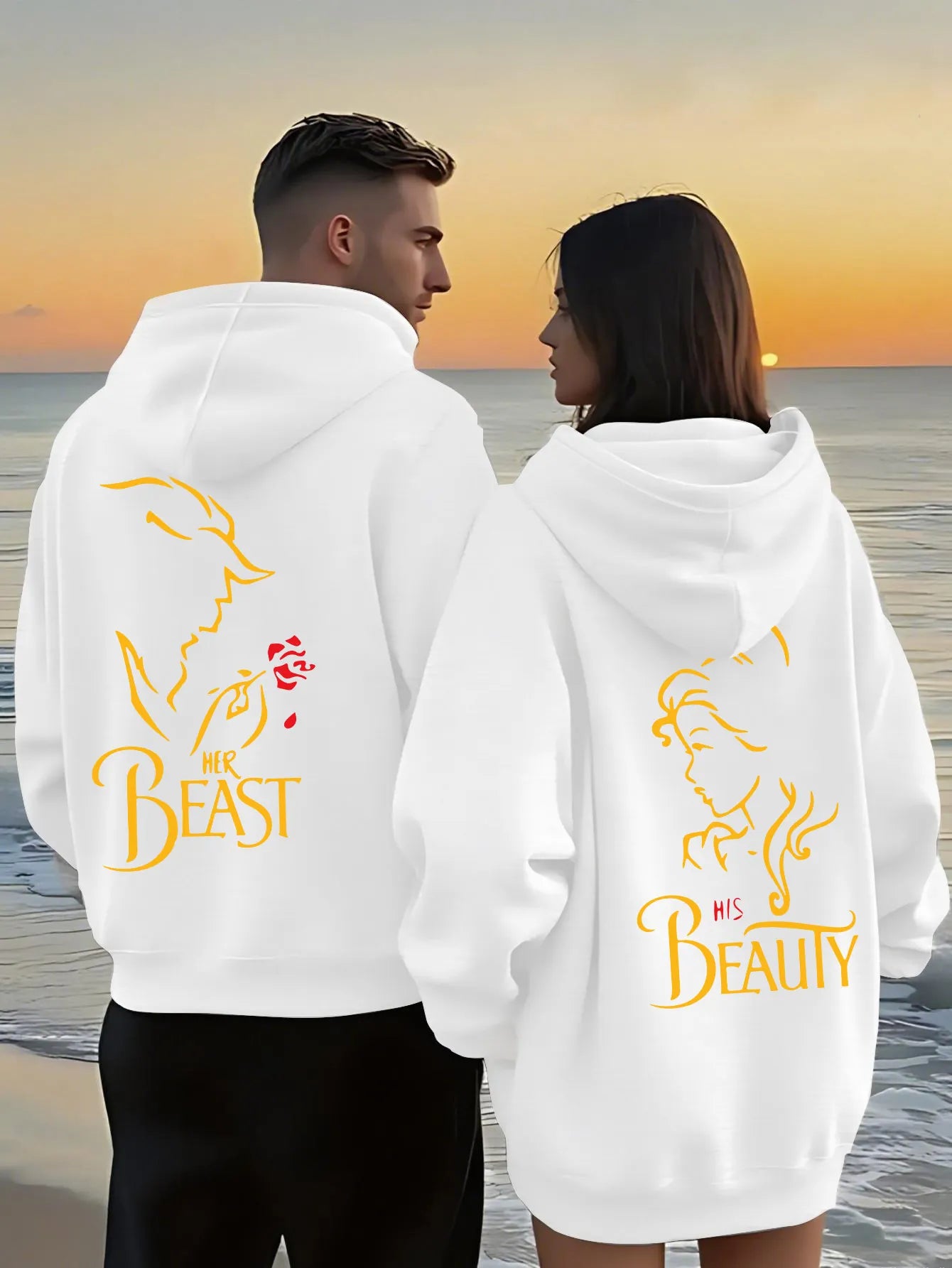 Romantic Theme Beauty and the Beast Couple Hoodies Men'S Women'S Separate Styles Pullover Casual Loose Fit Sweatshirt Hoodie Y2K
