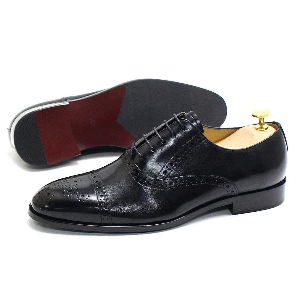 Luxury Genuine Leather Calfskin Cap Toe Oxfords Men's Dress Shoes Italian Style Lace-Up Wedding Business Formal Shoes for Men