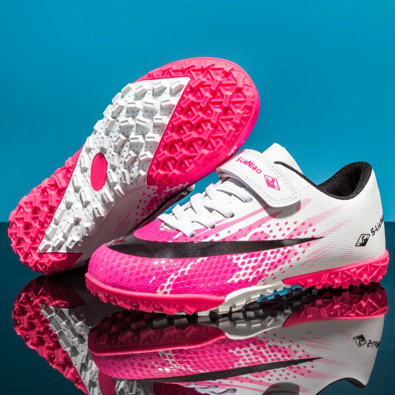Kids' Turf Soccer Shoes with Rubber Soles, White/Pink, Black/Gold & WhiteMoon for Training