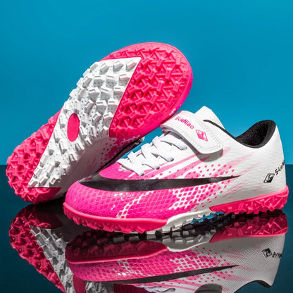 Kids' Turf Soccer Shoes with Rubber Soles, White/Pink, Black/Gold & WhiteMoon for Training