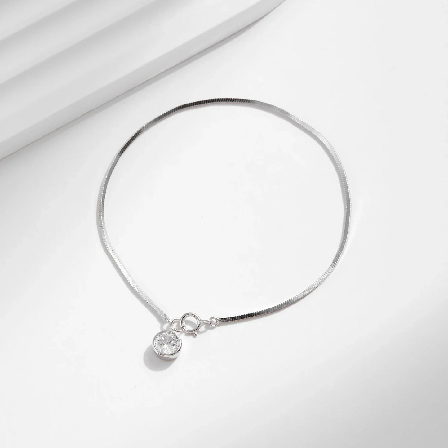 925 Sterling Silver Snake Chain Bracelet White Gold Sparkling Round CZ Charm Dainty Chain Bracelet for Women Jewelry