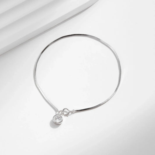 925 Sterling Silver Snake Chain Bracelet White Gold Sparkling Round CZ Charm Dainty Chain Bracelet for Women Jewelry