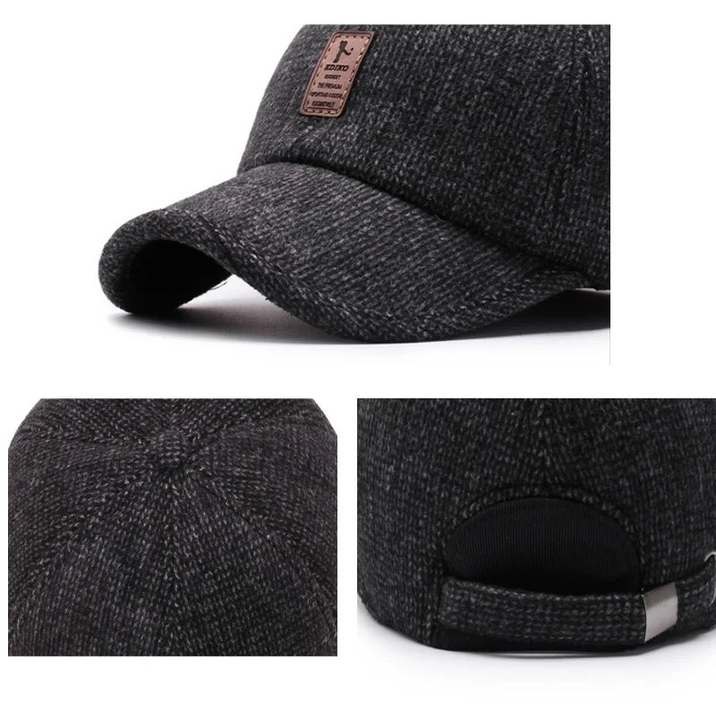 Autumn Winter Warm Men Woolen Baseball Cap Outdoor Ear Cover Earflaps Adjustable Hat Middle-aged Dad Hat With Earmuffs Design
