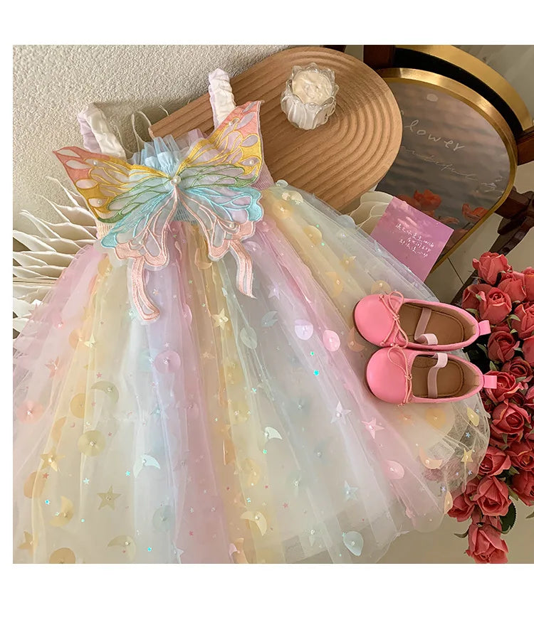 Korean Style New Summer Baby Girl Princess Dress Square Collar Mesh Sleeveless Dresses Children Clothing E23076