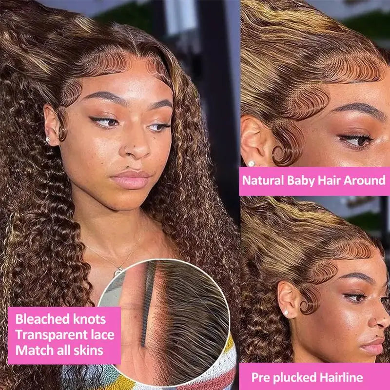 30 Inch Curly Highlight Ombre Lace Front Wig Human Hair Wigs Colored Deep Wave 13X6 Hd Lace Frontal Wig Pre Plucked 250 Density