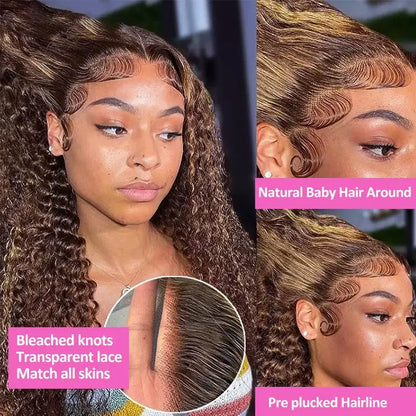 30 Inch Curly Highlight Ombre Lace Front Wig Human Hair Wigs Colored Deep Wave 13X6 Hd Lace Frontal Wig Pre Plucked 250 Density
