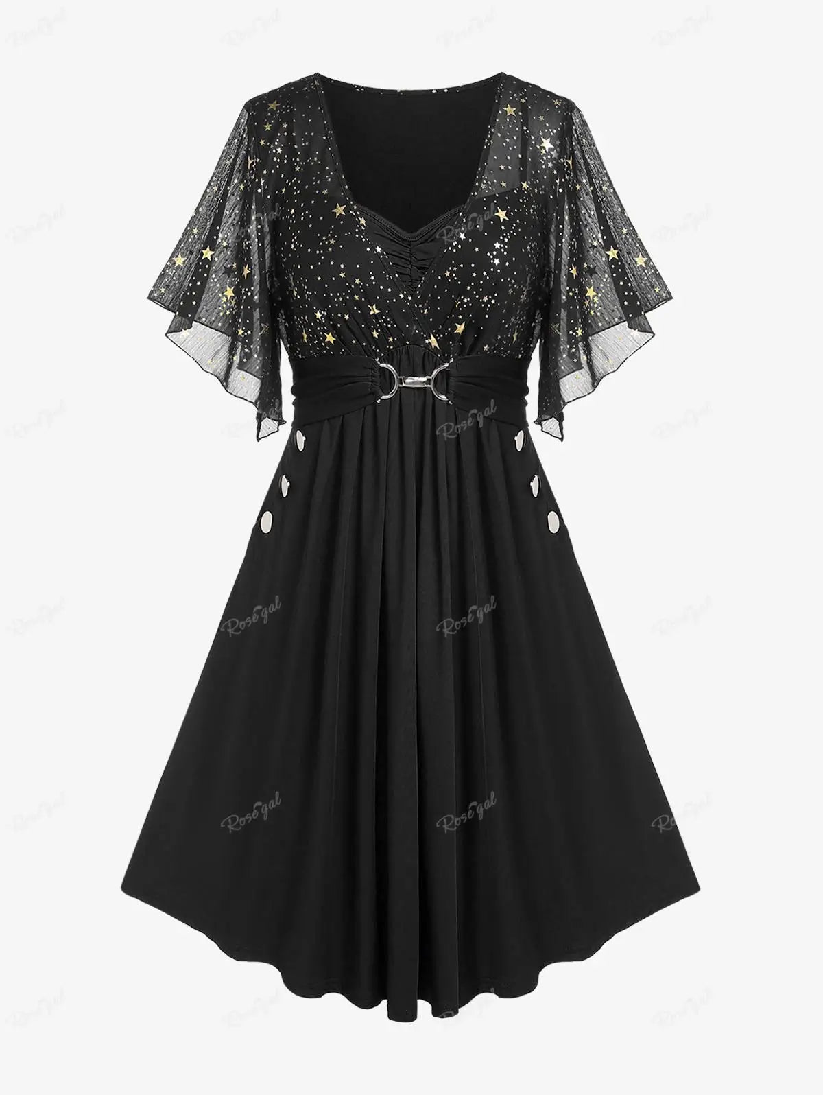 Plus Size Stars Print Buckle Button Pockets Ruched Butterfly Sleeves Dress Deep Blue Women Casual Square Collar Dresses