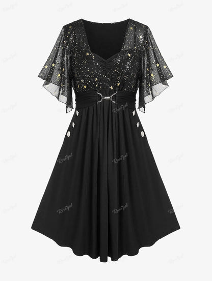 Plus Size Stars Print Buckle Button Pockets Ruched Butterfly Sleeves Dress Deep Blue Women Casual Square Collar Dresses