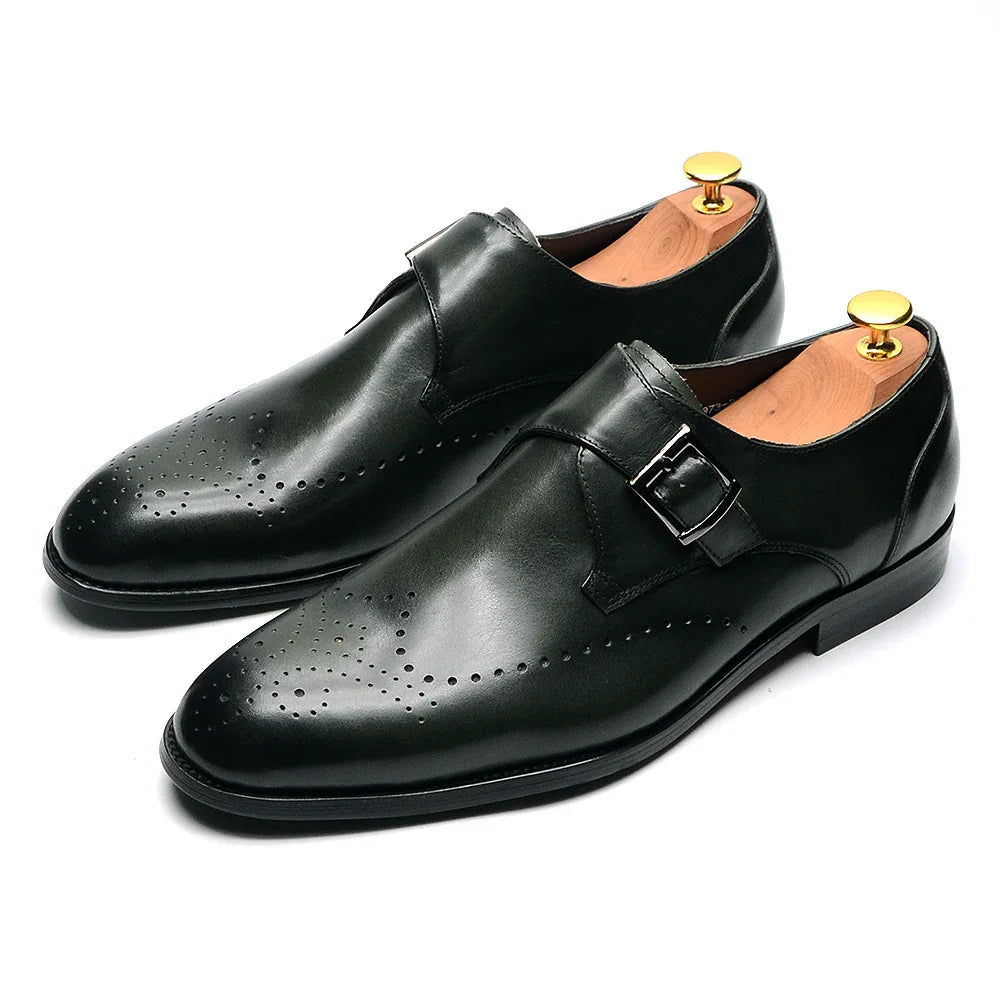 Elegant Men's Monk Strap Dress Shoes Genuine Leather Single Buckle Green Black Loafer Brogue for Party Wedding Formal Occasions
