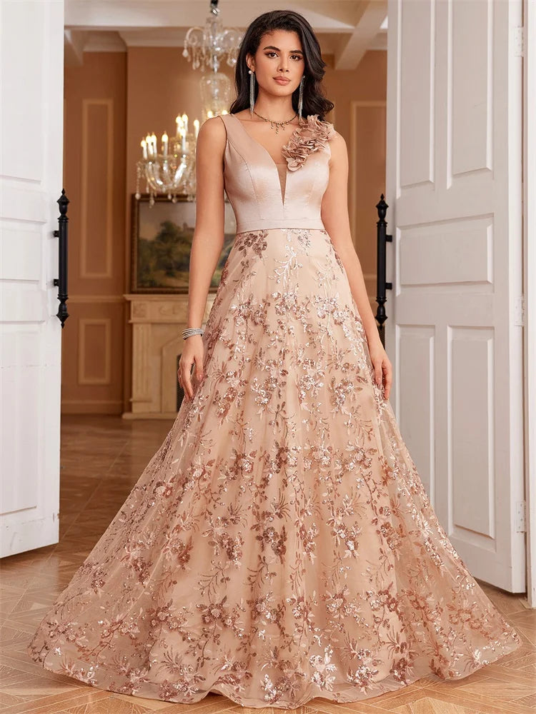 Vestido de Festa Elegante Dourado Floral com Decote em V Longo 2024 Luxo Feminino Chiffon sem Mangas para Baile Coquetel