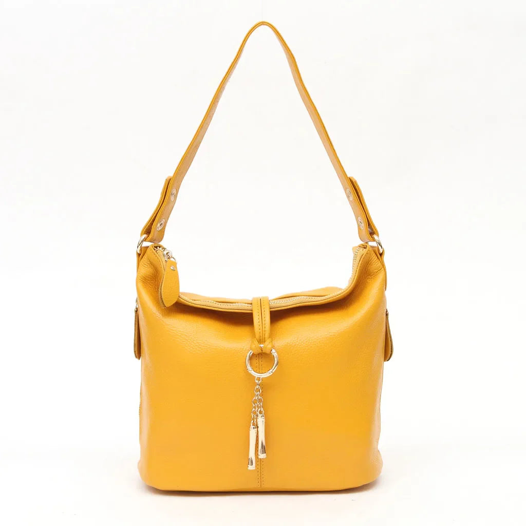 Elegant Women Red Leather Handbag 100% Genuine Leather Lady Hobo Bag Charming Ring Medium Shoulder Bag Bright Yellow Bags