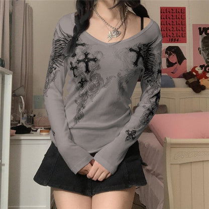 Y2k Graphic Cross Wings Print Long Sleeve Women Grunge Fairy T-shirt Harajuku Tee 2000s Aesthetic Punk Style Clothes Streetwear