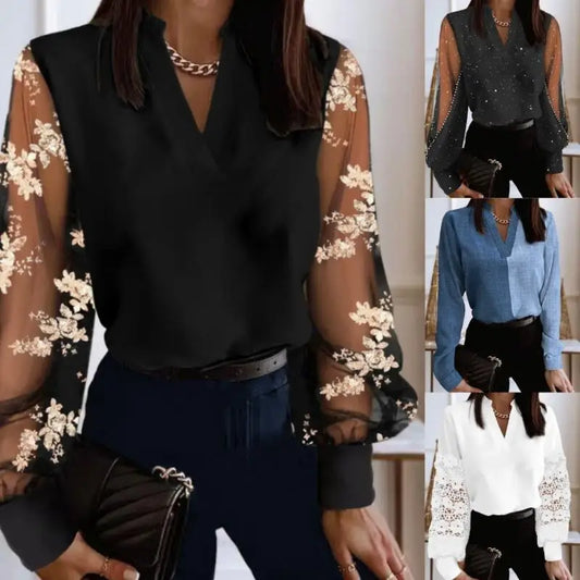 Elegant Retro Women's Long Sleeved Shirt V-neck Lace Fashionable Top for Ladies
