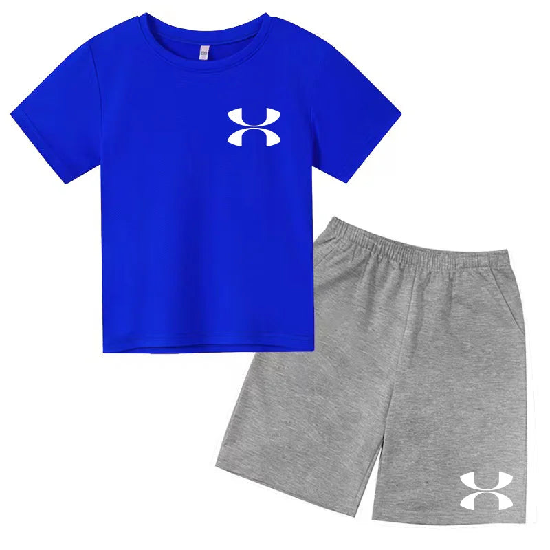 Fashion Two-Piece Casual t-shirt Set Kids  Summer Sports Short-Sleeved Boy Girl 3-13Yrs  T-shirt +Shorts