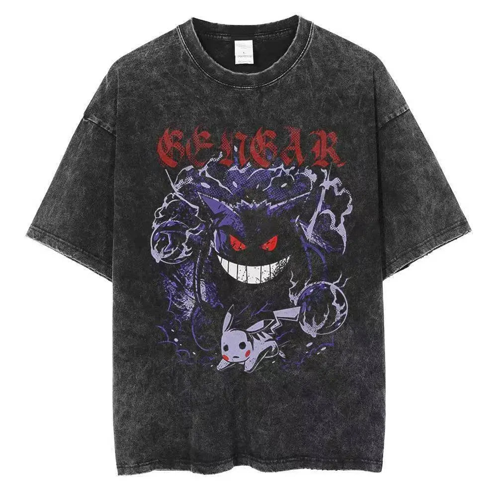 2026 Anime Washed Vintage Summer Gengar Short Sleeve Tee Graphic T-Shirt Man Women Cosplay Casual Tops Y2k Streetwear