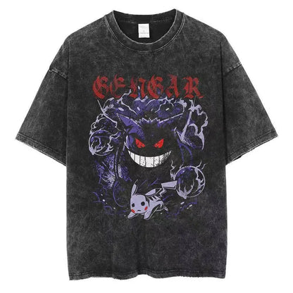 2026 Anime Washed Vintage Summer Gengar Short Sleeve Tee Graphic T-Shirt Man Women Cosplay Casual Tops Y2k Streetwear