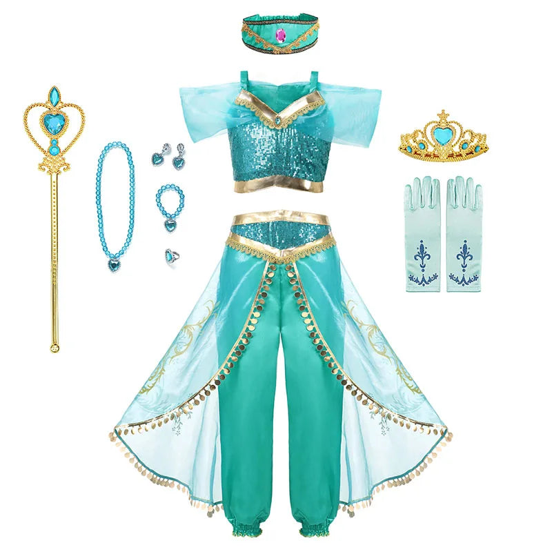 Jasmine Princess Dress Princess Dress Up Of Aladdin The Magic Lamp Costume Girls Birthday Party Halloween Fantasy Top Pants