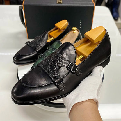 Classic Cow Genuine Leather Men's Loafer Shoes Slip-on Double Buckles Green Black Shoes Wedding Party Formal Shoes for Men