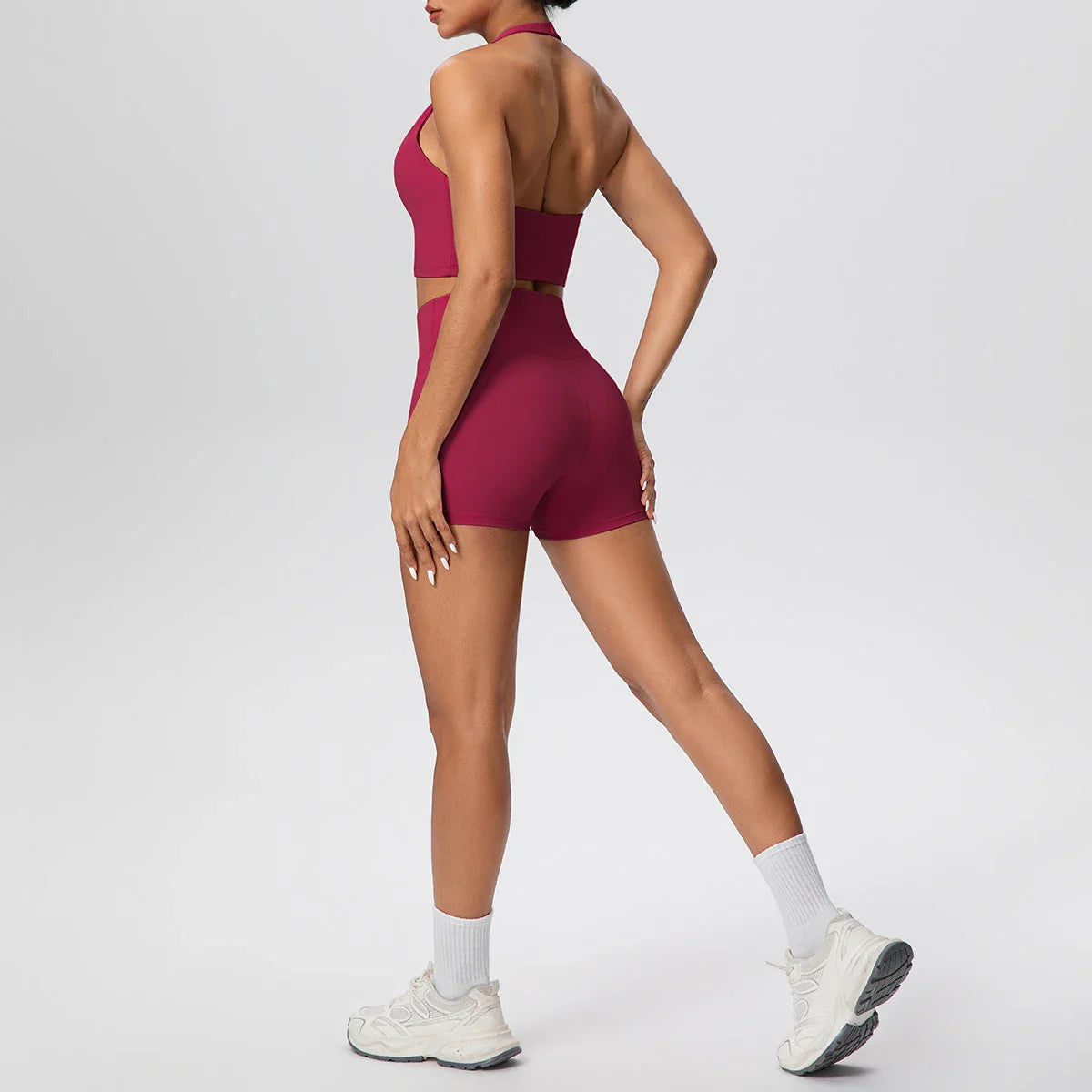 2picese Women Yoga Suit Solid Color High Waist Hip Push Up Fitness Shorts Sexy Pilates Backless Gym Hanging Neck Bra Yoga Set