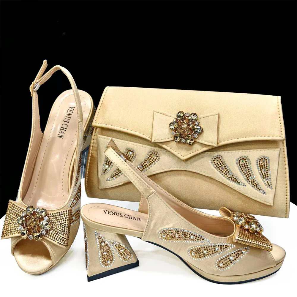 Italian Shoes and Bags Matching Set for Women Bow Rhinestones Peep Toe High Heels Purple Color Nigerian Party 2024